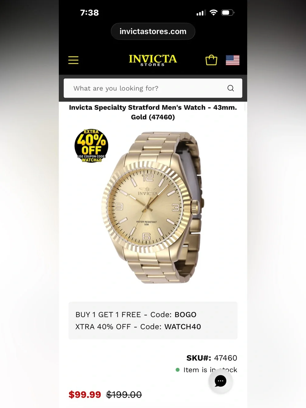 *NEW* Invicta Specialty Quartz Gold Dial 43mm Men's Watch 47460
